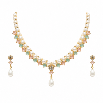 Pearl & pastel stone necklace & earrings jewellery set gold-tone finish, drop earrings included, pink & mint stones. 3