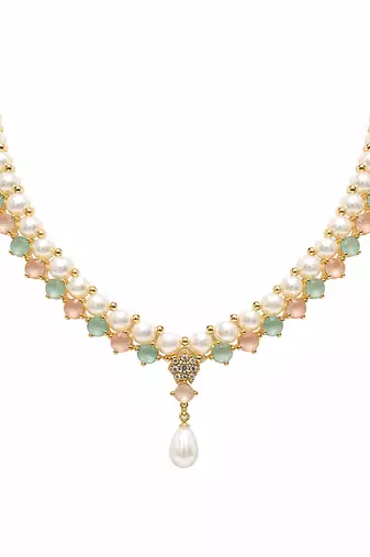 Pearl & pastel stone necklace & earrings jewellery set gold-tone finish, drop earrings included, pink & mint stones.