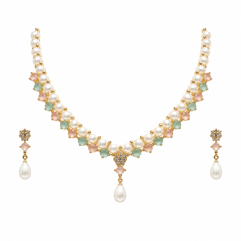 Pearl & pastel stone necklace & earrings jewellery set gold-tone finish, drop earrings included, pink & mint stones.