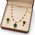 Pearl & emerald green stone necklace & earrings jewellery set gold-tone finish, teardrop pendant, freshwater pearls.