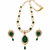 Pearl & emerald green stone necklace & earrings jewellery set gold-tone finish, teardrop pendant, freshwater pearls.