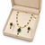 Pearl & emerald green stone necklace & earrings jewellery set gold-tone finish, teardrop pendant, freshwater pearls.
