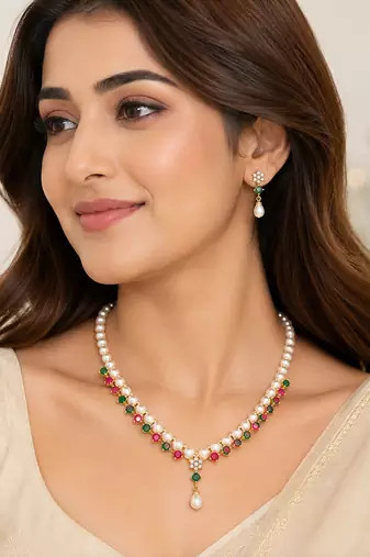 Pearl & emerald green stone necklace & earrings jewellery set gold-tone finish, freshwater pearls, ethnic wear.