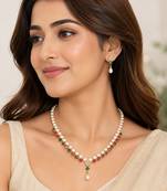 Pearl & emerald green stone necklace & earrings jewellery set gold-tone finish, freshwater pearls, ethnic wear.