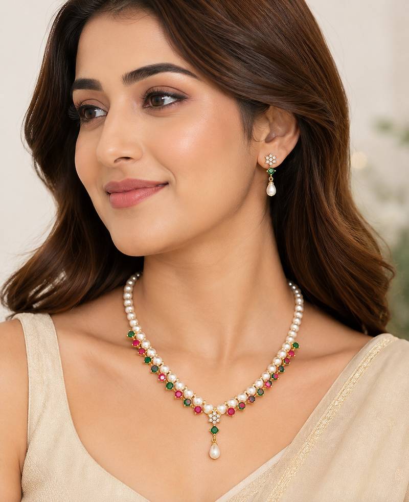Pearl & emerald green stone necklace & earrings jewellery set gold-tone finish, freshwater pearls, ethnic wear.