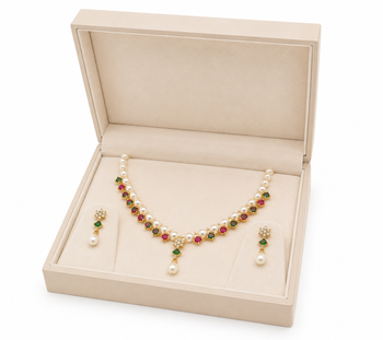 Pearl & emerald green stone necklace & earrings jewellery set gold-tone finish, freshwater pearls, ethnic wear. 2