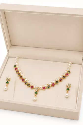 Pearl & emerald green stone necklace & earrings jewellery set gold-tone finish, freshwater pearls, ethnic wear.