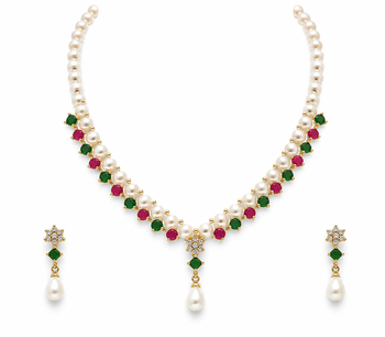 Pearl & emerald green stone necklace & earrings jewellery set gold-tone finish, freshwater pearls, ethnic wear. 3