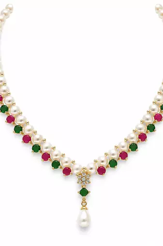 Pearl & emerald green stone necklace & earrings jewellery set gold-tone finish, freshwater pearls, ethnic wear.