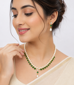 Pearl & emerald green stone necklace & earrings jewellery set gold-tone finish, teardrop pendant, cz stone accents.