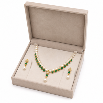 Pearl & emerald green stone necklace & earrings jewellery set gold-tone finish, teardrop pendant, cz stone accents. 2