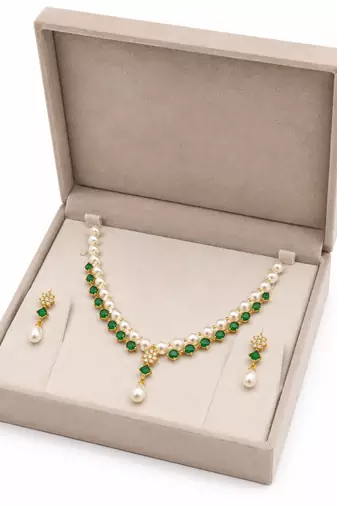 Pearl & emerald green stone necklace & earrings jewellery set gold-tone finish, teardrop pendant, cz stone accents.
