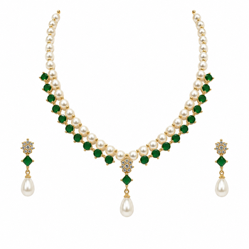 Pearl & emerald green stone necklace & earrings jewellery set gold-tone finish, teardrop pendant, cz stone accents. 3