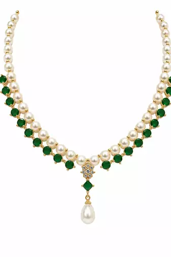 Pearl & emerald green stone necklace & earrings jewellery set gold-tone finish, teardrop pendant, cz stone accents.