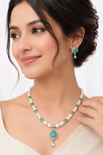 Pearl & green stone necklace & earrings jewellery set teardrop pendant,cz accents,silver-tone finish, includes earrings.