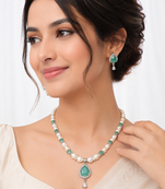 Pearl & green stone necklace & earrings jewellery set teardrop pendant,cz accents,silver-tone finish, includes earrings.