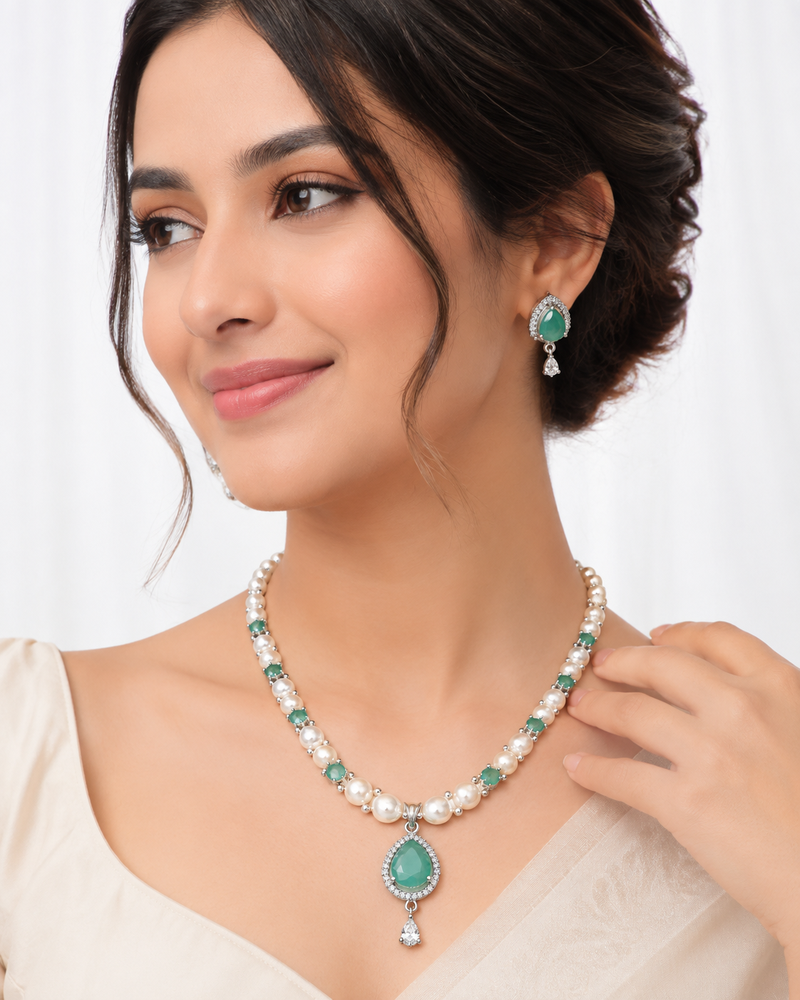 Pearl & green stone necklace & earrings jewellery set teardrop pendant,cz accents,silver-tone finish, includes earrings.