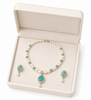 Pearl & green stone necklace & earrings jewellery set teardrop pendant,cz accents,silver-tone finish, includes earrings. 2