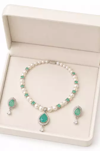 Pearl & green stone necklace & earrings jewellery set teardrop pendant,cz accents,silver-tone finish, includes earrings.