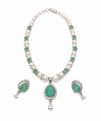 Pearl & green stone necklace & earrings jewellery set teardrop pendant,cz accents,silver-tone finish, includes earrings. 3