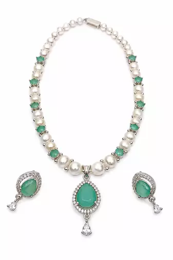 Pearl & green stone necklace & earrings jewellery set teardrop pendant,cz accents,silver-tone finish, includes earrings.