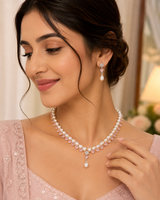 Pearl & pink stone necklace & earrings jewellery set pearl str&, drop earrings, cz centre stone, gold-tone setting. 1