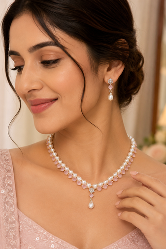 Pearl & pink stone necklace & earrings jewellery set pearl str&, drop earrings, cz centre stone, gold-tone setting.