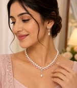 Pearl & pink stone necklace & earrings jewellery set pearl str&, drop earrings, cz centre stone, gold-tone setting.