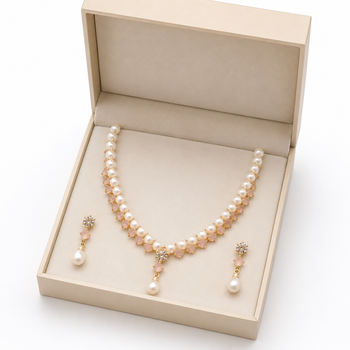 Pearl & pink stone necklace & earrings jewellery set pearl str&, drop earrings, cz centre stone, gold-tone setting. 2