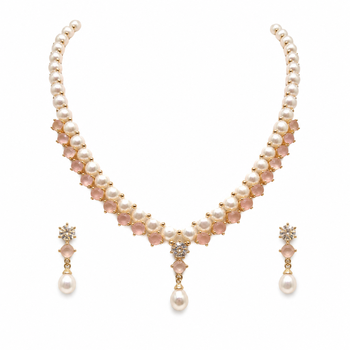 Pearl & pink stone necklace & earrings jewellery set pearl str&, drop earrings, cz centre stone, gold-tone setting. 3