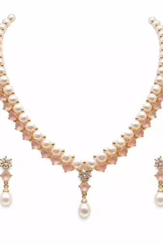 Pearl & pink stone necklace & earrings jewellery set pearl str&, drop earrings, cz centre stone, gold-tone setting.