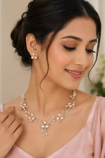 Pearl & cz floral necklace & earrings set, silver tone pink pearl clusters, silver-tone finish, cubic zirconia accents.