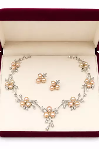 Pearl & cz floral necklace & earrings set, silver tone pink pearl clusters, silver-tone finish, cubic zirconia accents.