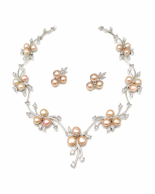 Pearl & cz floral necklace & earrings set, silver tone pink pearl clusters, silver-tone finish, cubic zirconia accents. 3