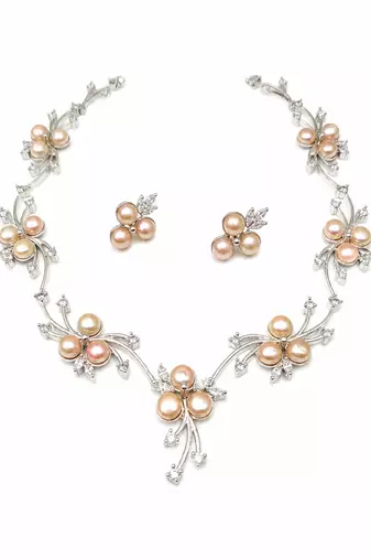 Pearl & cz floral necklace & earrings set, silver tone pink pearl clusters, silver-tone finish, cubic zirconia accents.