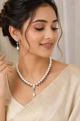 Pearl necklace & earrings set with ruby & emerald stones drop pearl pendant, cz star motif, matching earrings set.