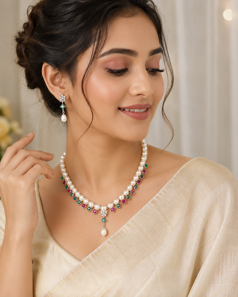 Pearl necklace & earrings set with ruby & emerald stones drop pearl pendant, cz star motif, matching earrings set.
