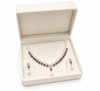Pearl necklace & earrings set with ruby & emerald stones drop pearl pendant, cz star motif, matching earrings set. 2