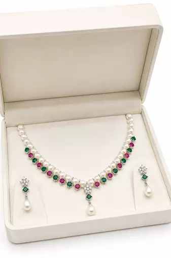 Pearl necklace & earrings set with ruby & emerald stones drop pearl pendant, cz star motif, matching earrings set.