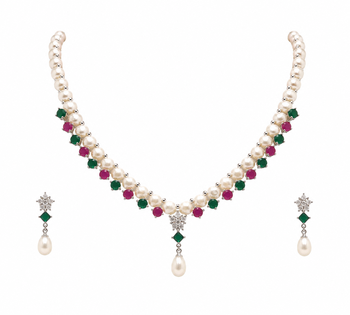 Pearl necklace & earrings set with ruby & emerald stones drop pearl pendant, cz star motif, matching earrings set. 3
