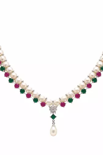 Pearl necklace & earrings set with ruby & emerald stones drop pearl pendant, cz star motif, matching earrings set.