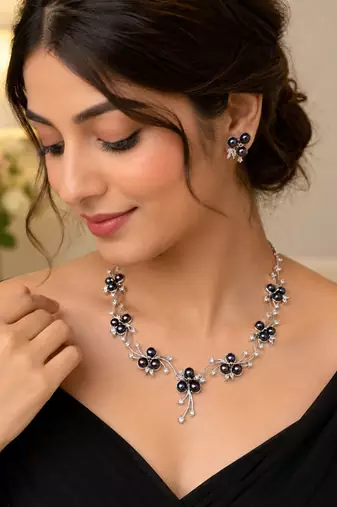 Black freshwater pearl floral necklace & earrings set silver-tone, cz accents, floral cluster design, women's jewellery.