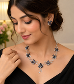 Black freshwater pearl floral necklace & earrings set silver-tone, cz accents, floral cluster design, women's jewellery.