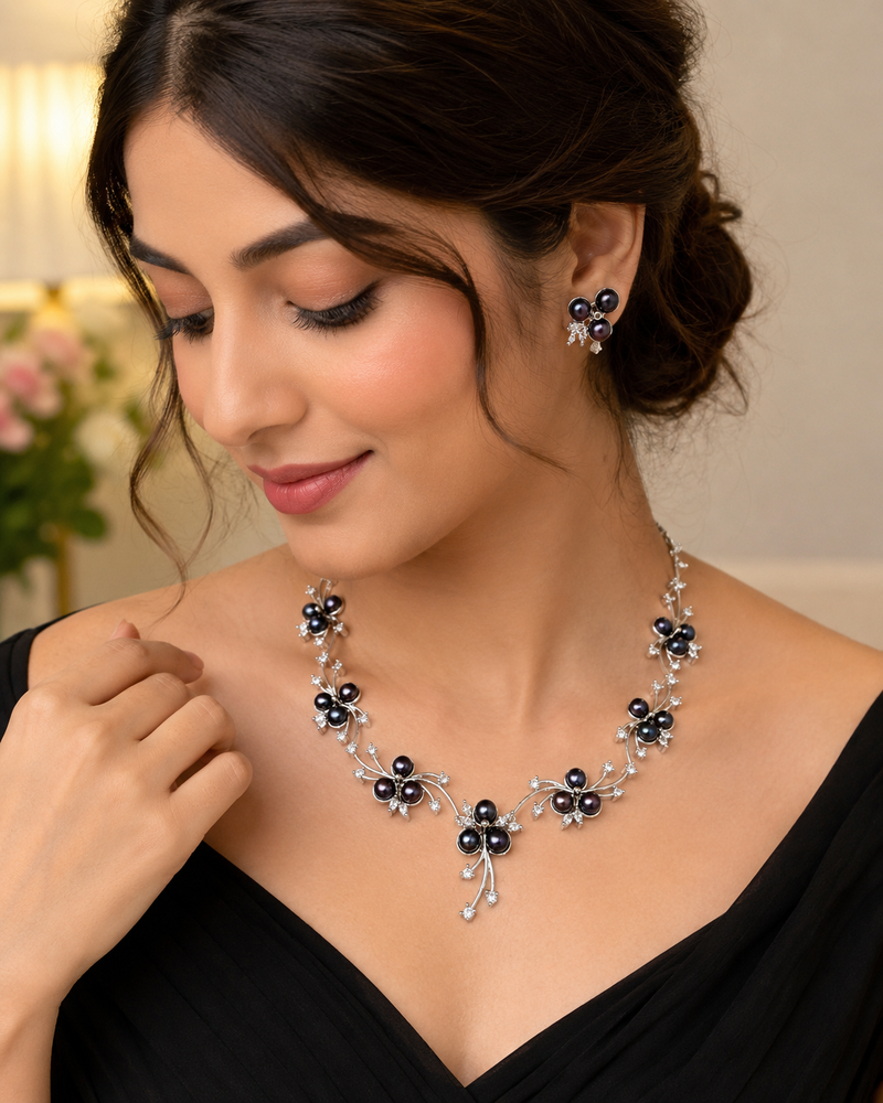 Black freshwater pearl floral necklace & earrings set silver-tone, cz accents, floral cluster design, women's jewellery.