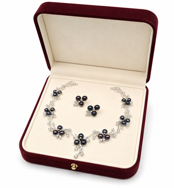 Black freshwater pearl floral necklace & earrings set silver-tone, cz accents, floral cluster design, women's jewellery. 2