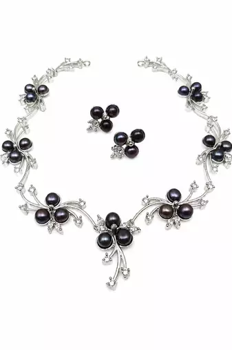 Black freshwater pearl floral necklace & earrings set silver-tone, cz accents, floral cluster design, women's jewellery.