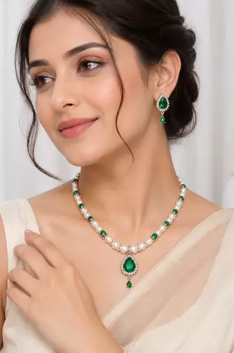 Pearl & emerald green cz necklace & earrings jewellery set teardrop pendant, freshwater pearls, ethnic wear.