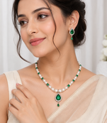 Pearl & emerald green cz necklace & earrings jewellery set teardrop pendant, freshwater pearls, ethnic wear.