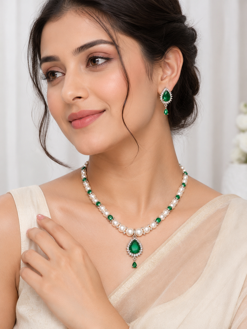 Pearl & emerald green cz necklace & earrings jewellery set teardrop pendant, freshwater pearls, ethnic wear.
