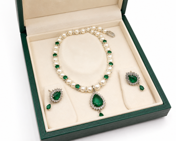 Pearl & emerald green cz necklace & earrings jewellery set teardrop pendant, freshwater pearls, ethnic wear. 2